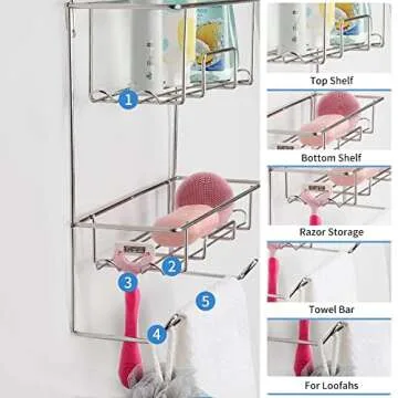 Rustproof Shower Caddy with Hooks & Towel Rack