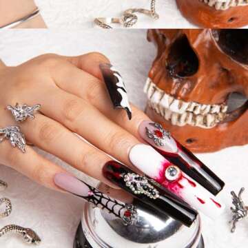 LOVFUL Press on Nails Final Destination | Handmade with Full Covered Crystals | Reusable Fake Nails | Square Long 2.2 in | H133-M