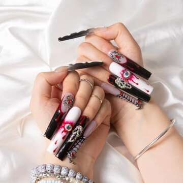 LOVFUL Press on Nails Final Destination | Handmade with Full Covered Crystals | Reusable Fake Nails | Square Long 2.2 in | H133-M