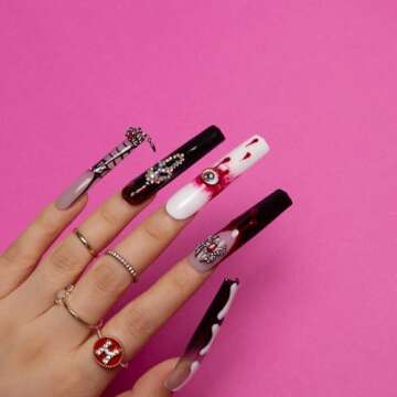 LOVFUL Press on Nails Final Destination | Handmade with Full Covered Crystals | Reusable Fake Nails | Square Long 2.2 in | H133-M