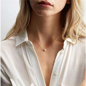 Aobei Pearl Single Cultured Pearl Choker 18K Gold Chain White Bead Necklace Layering Minimalist Jewe...