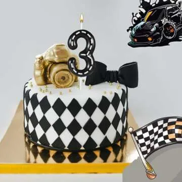 Racing Car Birthday Number Candles, 2.36x1.46in Racing Cars Themed Birthday Candles Cake Numeral Candle Topper Black and White Stripes Candles for Racing Car Theme Decoration Party Supplies(Number 3)
