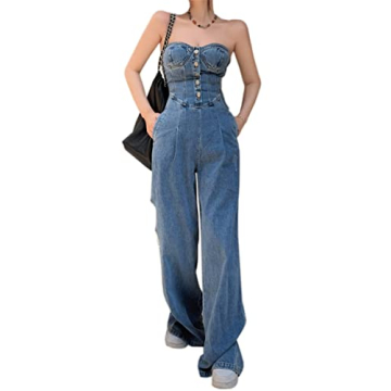 Women's Vintage High Rise Straight Denim Jumpsuit Sexy Strapless Backless Jeans Rompers, Blue, M