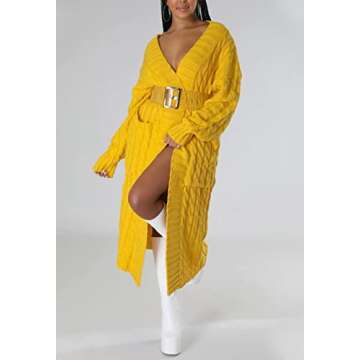 Long Sweaters for Women Cardigan Open Front Long Sleeve Plus Size Chunky Cable Knit Duster Cardigans with Pockets Winter Coat Yellow