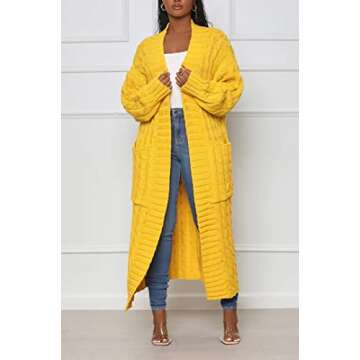 Long Sweaters for Women Cardigan Open Front Long Sleeve Plus Size Chunky Cable Knit Duster Cardigans with Pockets Winter Coat Yellow