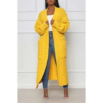 Long Sweaters for Women Cardigan Open Front Long Sleeve Plus Size Chunky Cable Knit Duster Cardigans with Pockets Winter Coat Yellow
