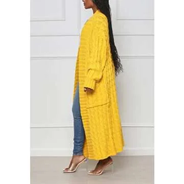 Long Sweaters for Women Cardigan Open Front Long Sleeve Plus Size Chunky Cable Knit Duster Cardigans with Pockets Winter Coat Yellow