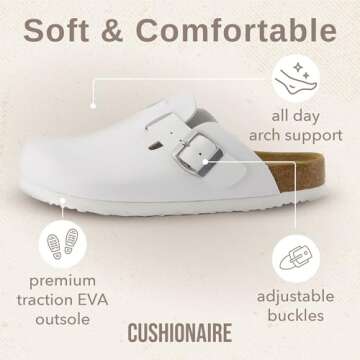 CUSHIONAIRE Hana Womens Clogs | Comfortable Vegan Suede Clogs for Women | Slip On Potato Shoes with Cork Footbed & Arch Support| White 8