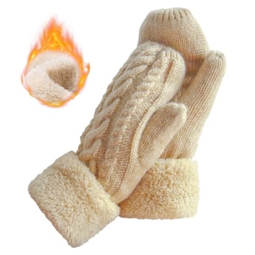 Women's Winter Gloves Warm Lining - Cozy Wool Knit Thick Gloves Mittens in 11 color (beige)