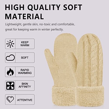 Women's Winter Gloves Warm Lining - Cozy Wool Knit Thick Gloves Mittens in 11 color (beige)