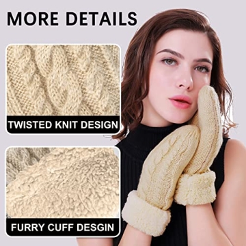 Women's Winter Gloves Warm Lining - Cozy Wool Knit Thick Gloves Mittens in 11 color (beige)