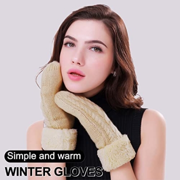 Women's Winter Gloves Warm Lining - Cozy Wool Knit Thick Gloves Mittens in 11 color (beige)