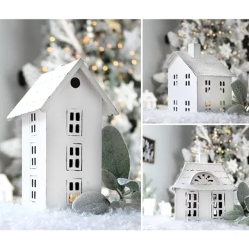 Charming White Metal Houses Set for Festive Decor