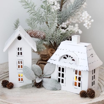 Charming White Metal Houses Set for Festive Decor