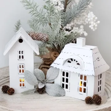 Charming White Metal Houses Set for Festive Decor