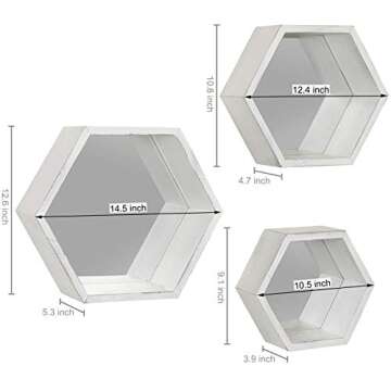 Vintage White Hexagon Shelves with Mirror - Set of 3