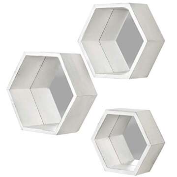 Vintage White Hexagon Shelves with Mirror - Set of 3