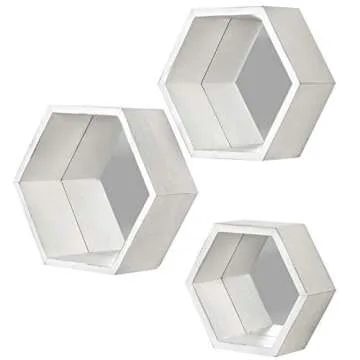 Vintage White Hexagon Shelves with Mirror - Set of 3