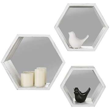 Vintage White Hexagon Shelves with Mirror - Set of 3