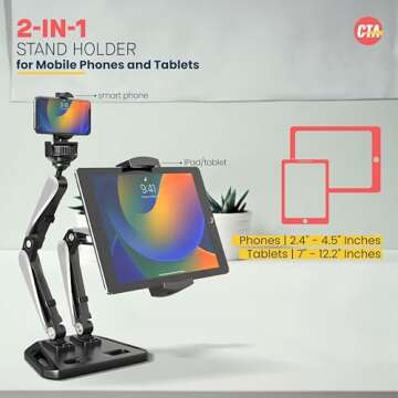 2 in 1 Mobile Phone and Tablet Stand Holder - CTA iPad & iPhone Adjustable Stand for iPhone 11/12/13...