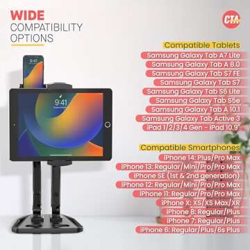 2 in 1 Mobile Phone and Tablet Stand Holder - CTA iPad & iPhone Adjustable Stand for iPhone 11/12/13/14 Pro & Pro Max - iPad Pro 11" - iPad 1/2/3/4 Gen - iPad Air 4/5 - Galaxy Tab A/A7/S7/S6