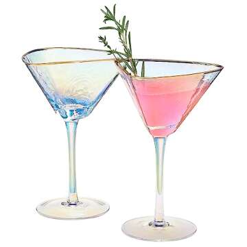 Iridescent Lustered Hammered Martini Glasses - Set of 2 - Gold Rim 8 oz Colorful Balloon Stemmed Gla...