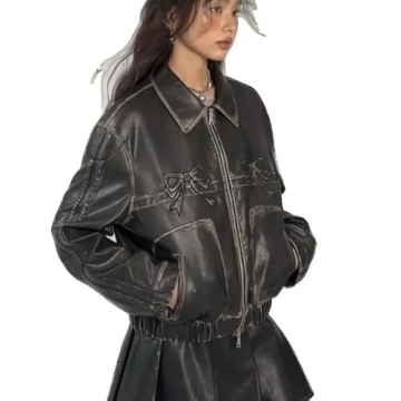 Stylish Xingfenly Bow Motorcycle Leather Jacket for Women