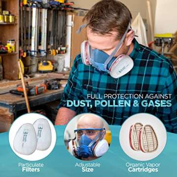 Breath Buddy Respirator Mask With Filters & Safety Glasses | Reusable Professional Breathing Protection Against Dust, Pollen & Organic Vapors | Half Mask Respirator With Pair of Cartridges & Filters