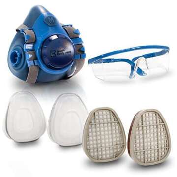 Breath Buddy Respirator Mask With Filters & Safety Glasses | Reusable Professional Breathing Protection Against Dust, Pollen & Organic Vapors | Half Mask Respirator With Pair of Cartridges & Filters