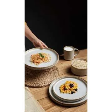 Famiware Star Dinnerware Set with Plates, Bowls and Mugs, Service for 4 (16-Piece), Stoneware Kitchen Dishes Dinner Plates - Cappuccino White