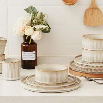 Famiware Star Dinnerware Set with Plates, Bowls and Mugs, Service for 4 (16-Piece), Stoneware Kitchen Dishes Dinner Plates - Cappuccino White