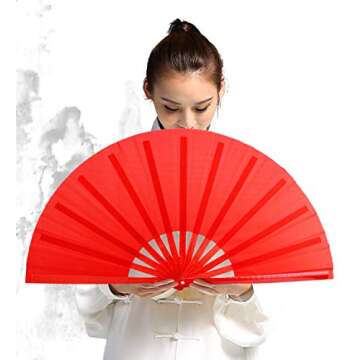 HONSHEN Bamboo Large Red Folding Hand Fans KunFu Fan for Events Dance Performance Festivals Gift (All Red)