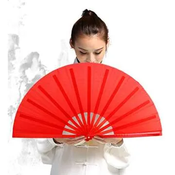 HONSHEN Bamboo Large Red Folding Hand Fans KunFu Fan for Events Dance Performance Festivals Gift (All Red)