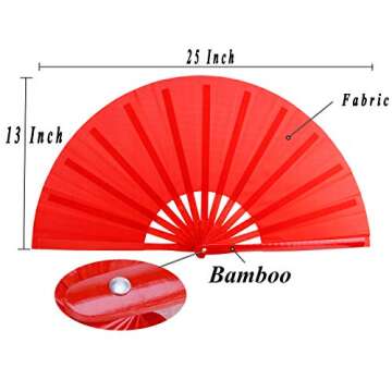 HONSHEN Bamboo Large Red Folding Hand Fans KunFu Fan for Events Dance Performance Festivals Gift (All Red)