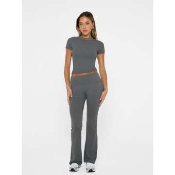 Trendy Queen Lounge Sets For Women 2 Piece Casual Y2K Outfits Short Sleeve Cropped Tops Fold Over Flare Pants Tracksuits DarkGrey XS
