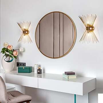 VILUXY Mid-Century Wall Sconces Antique Brass Brush Paint Finish Bedside Wall Sconce Lighting Fixture with Starburst Shade for Bedroom, Hallway, Entryway, Passway, Bathroom, Vanity 2 Pack