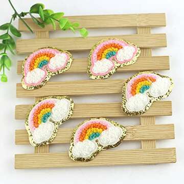 IXUEYU 3D Colorful Castle Bow Chenille Rainbow Embroidered Patches Iron on Embroidery Applique Star Anchor Coconut Plane Flamingos Bowknot Sewing Badges Children Clothing Stickers (Style 3 (12pcs))