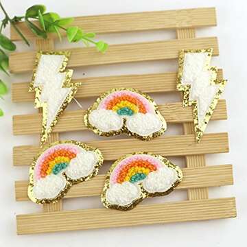 IXUEYU 3D Colorful Castle Bow Chenille Rainbow Embroidered Patches Iron on Embroidery Applique Star Anchor Coconut Plane Flamingos Bowknot Sewing Badges Children Clothing Stickers (Style 3 (12pcs))