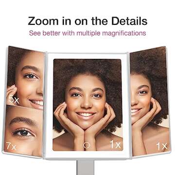 Fancii Makeup Mirror with Natural LED Lights, Lighted Trifold Vanity Mirror with 5X & 7X Magnifications - 40 Dimmable Lights, Touch Screen, Cosmetic Stand - Sora (White)