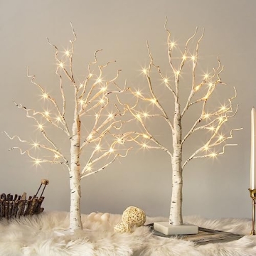 Vanthylit White Birch Tree with LED Lights - Set of 2, LED Tabletop Tree with Timer, Christmas Decor...