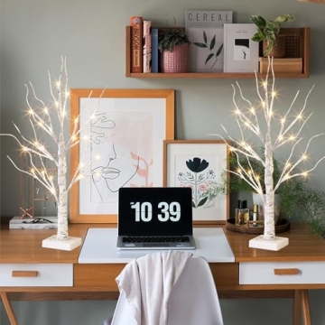 Lighted Birch Tree Set of 2 with Timer for Cozy Decor