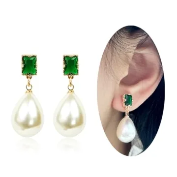 Exquisite 18K Gold Plated Vintage Pearl Drop Earrings with Emerald Green Dangle