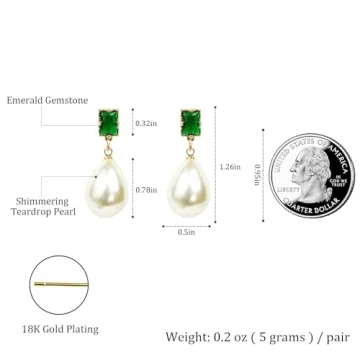Elegant 18K Gold Pearl Drop Earrings with Emerald Sparkle