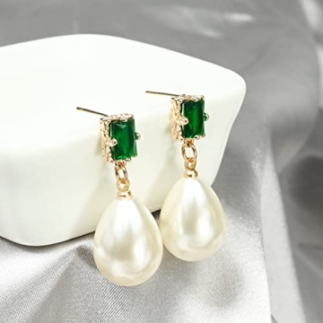 Elegant 18K Gold Pearl Drop Earrings with Emerald Sparkle