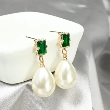 Elegant 18K Gold Pearl Drop Earrings with Emerald Sparkle