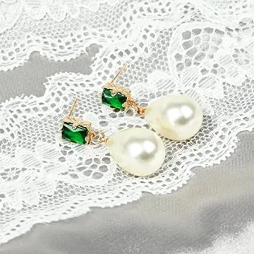 Elegant 18K Gold Pearl Drop Earrings with Emerald Sparkle