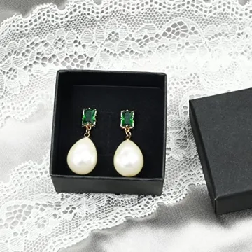 Elegant 18K Gold Pearl Drop Earrings with Emerald Sparkle