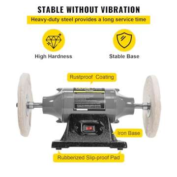 VEVOR Bench Buffer Polisher, 8 inch Buffing Machine 370W Motor with 3450 RPM, Heavy Duty Benchtop Lathe Polishing Machine for Jewelry, Wood, Silver, Amber, Metal, Jade