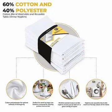 Utopia Kitchen White Cloth Napkins [12 Pack, 18x18 Inch] Absorbent Cotton Blend Washable and Reusable for Dinner, Restaurant, Lunch, Wedding and Hotel