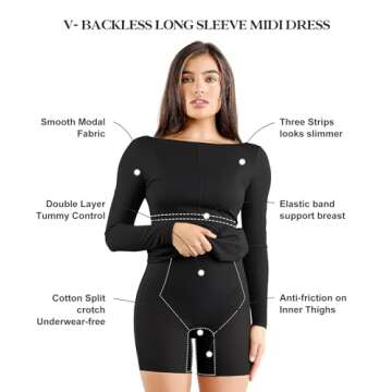 Popilush Shapewear Cocktail Dress Backless Shaper Dress with Built in Shapewear Long Sleeve Cocktail Dresses for Women Black